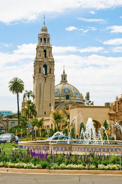 Tower, fountain, and domed building at Balboa Park, San Diego, California
