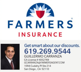 Farmers Insurance logo with insurance agent Guillermo Carranza's headshot