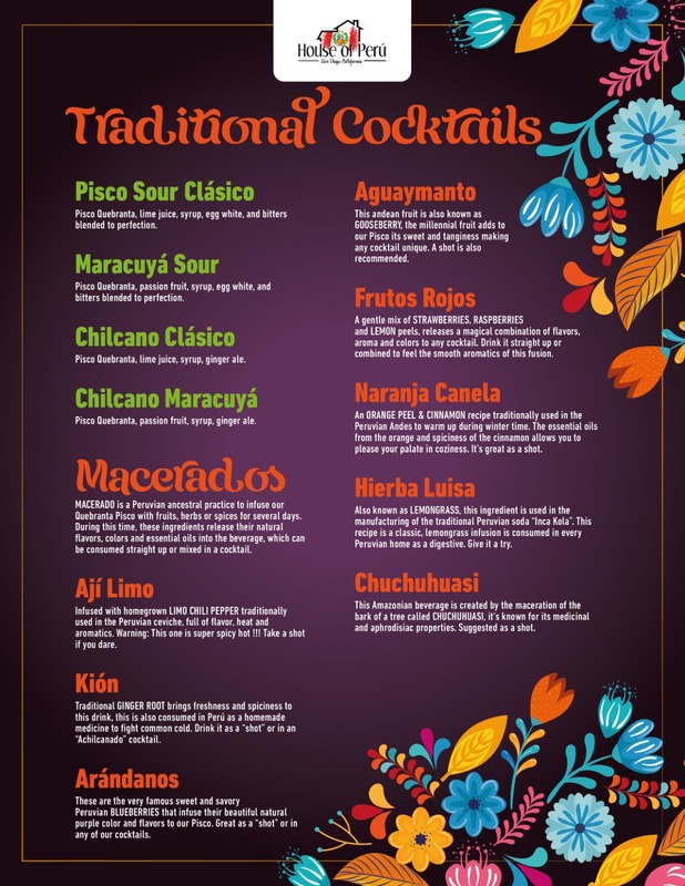 House of Peru's Cocktail Descriptions for Balboa Park's 2023 December Nights