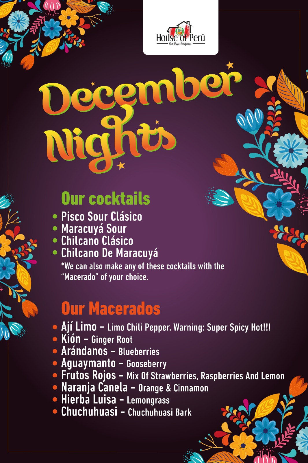 House of Peru's Drink List for Balboa Park's 2023 December Nights